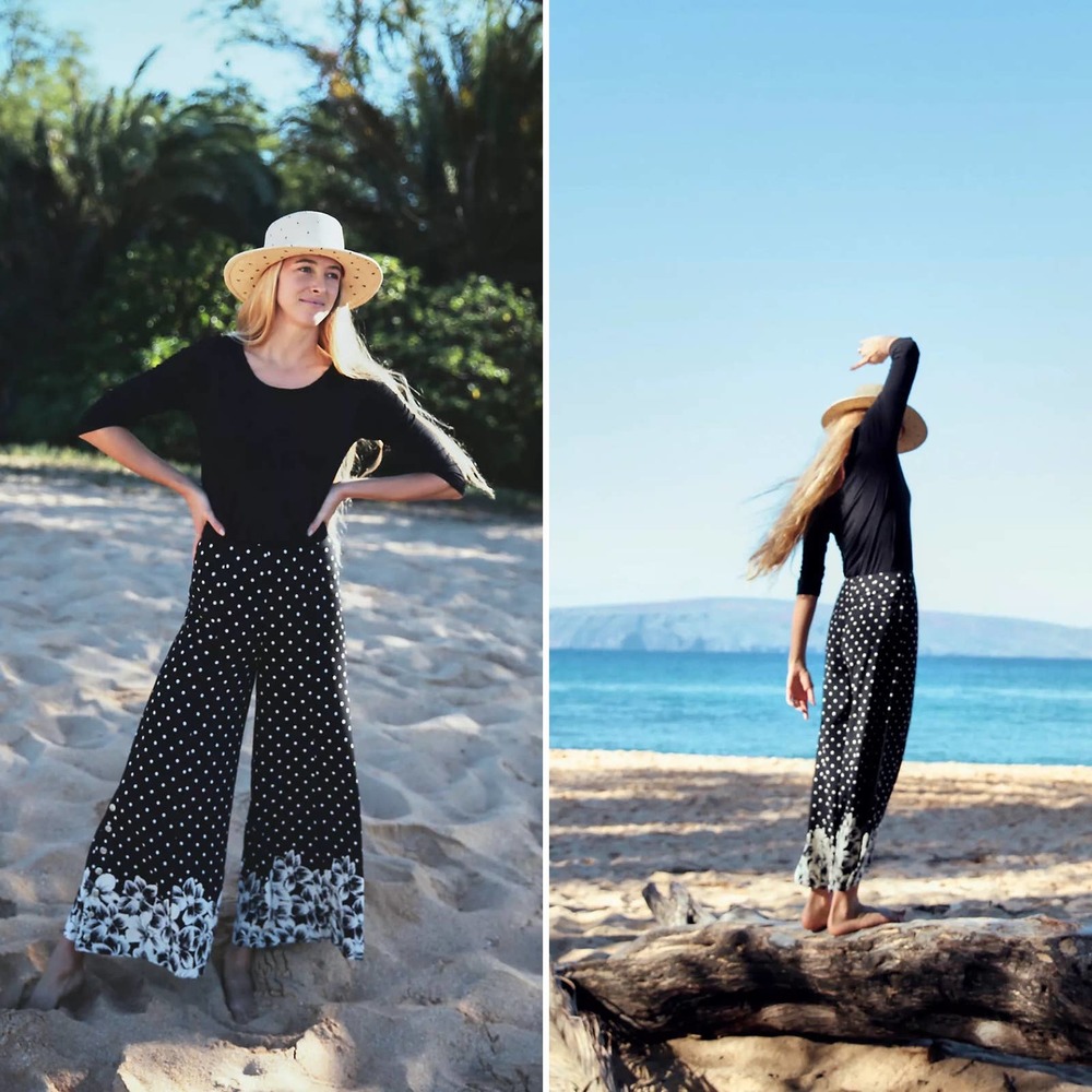 Anthropologie Chesapeake Wide-Legs Black White Polka Dot Floral Pants Size 4‎